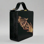 Hand-Painted Wooden Purse – Artistic Hands Design | Eco-Friendly Bag with Leather Handle | Natural Materials Statement Handbag