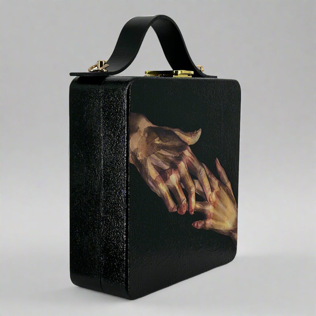 Hand-Painted Wooden Purse – Artistic Hands Design | Eco-Friendly Bag with Leather Handle | Natural Materials Statement Handbag