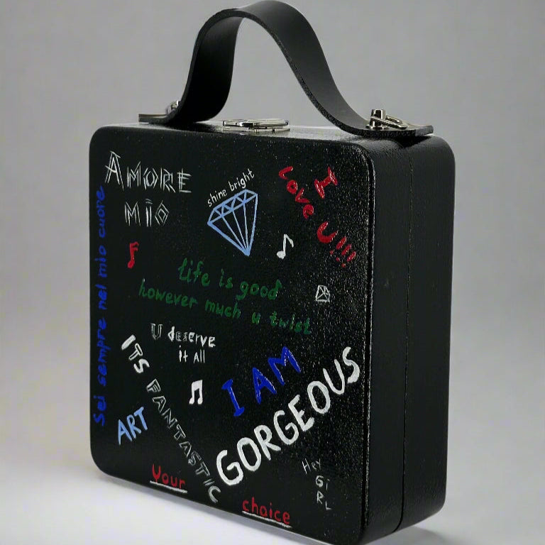 Handmade Wooden Purse – Artistic Graffiti Design, Eco-Friendly Alder Wood Bag with Leather Handle, One-of-a-Kind Gift
