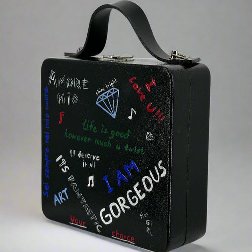 Handmade Wooden Purse – Artistic Graffiti Design, Eco-Friendly Alder Wood Bag with Leather Handle, One-of-a-Kind Gift