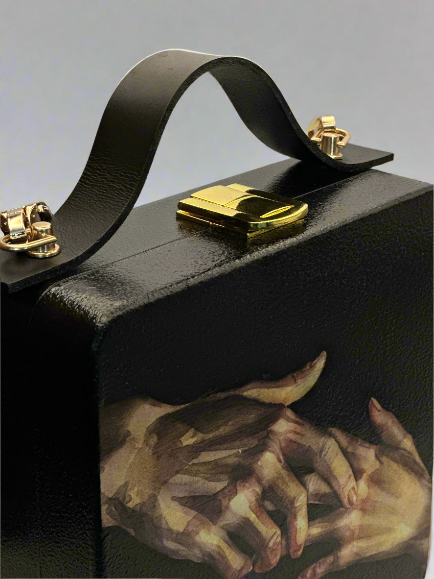 Hand-Painted Wooden Purse – Artistic Hands Design | Eco-Friendly Bag with Leather Handle | Natural Materials Statement Handbag
