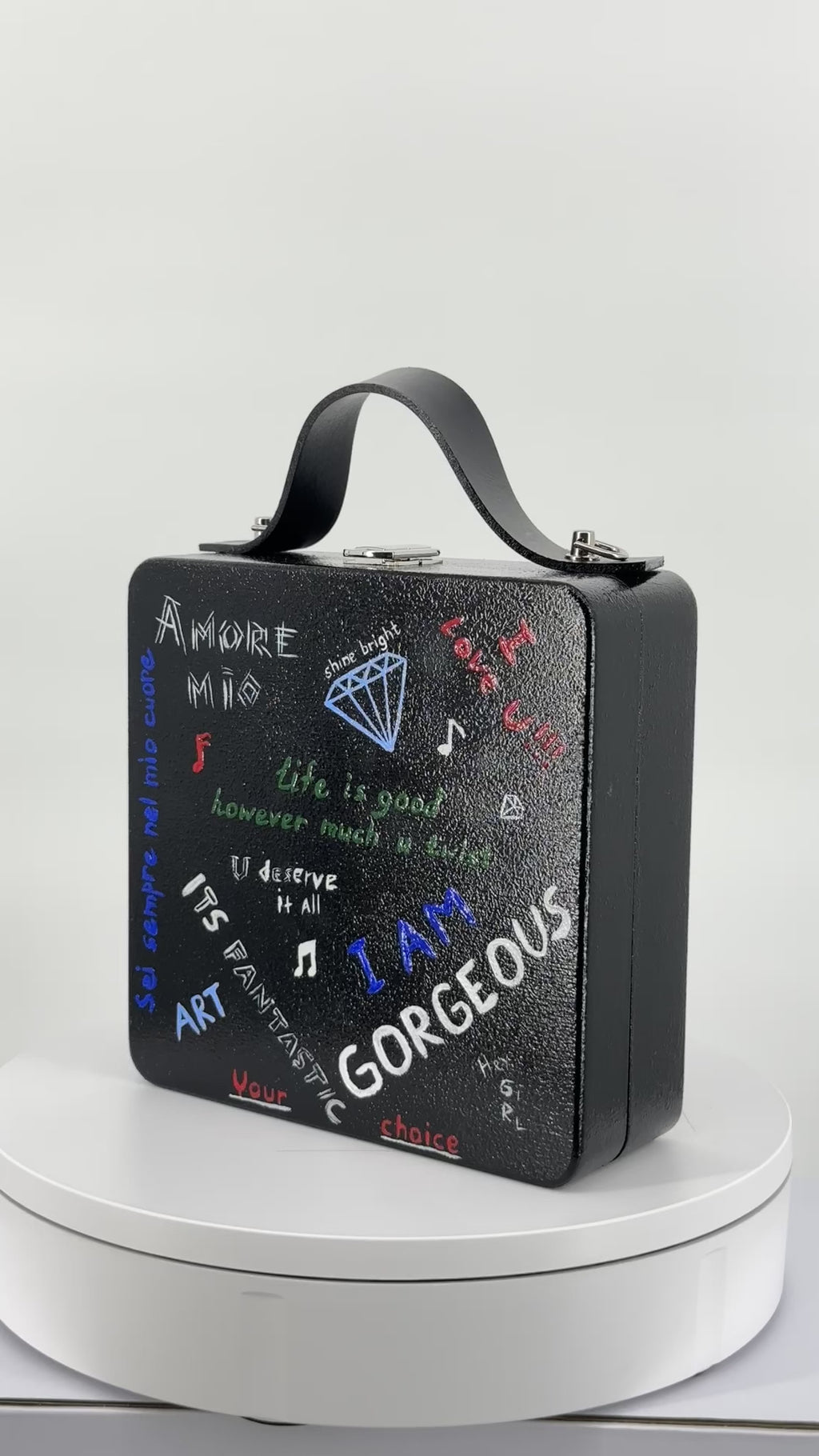 Handmade Wooden Purse – Artistic Graffiti Design, Eco-Friendly Alder Wood Bag with Leather Handle, One-of-a-Kind Gift