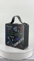 Handmade Wooden Purse – Artistic Graffiti Design, Eco-Friendly Alder Wood Bag with Leather Handle, One-of-a-Kind Gift