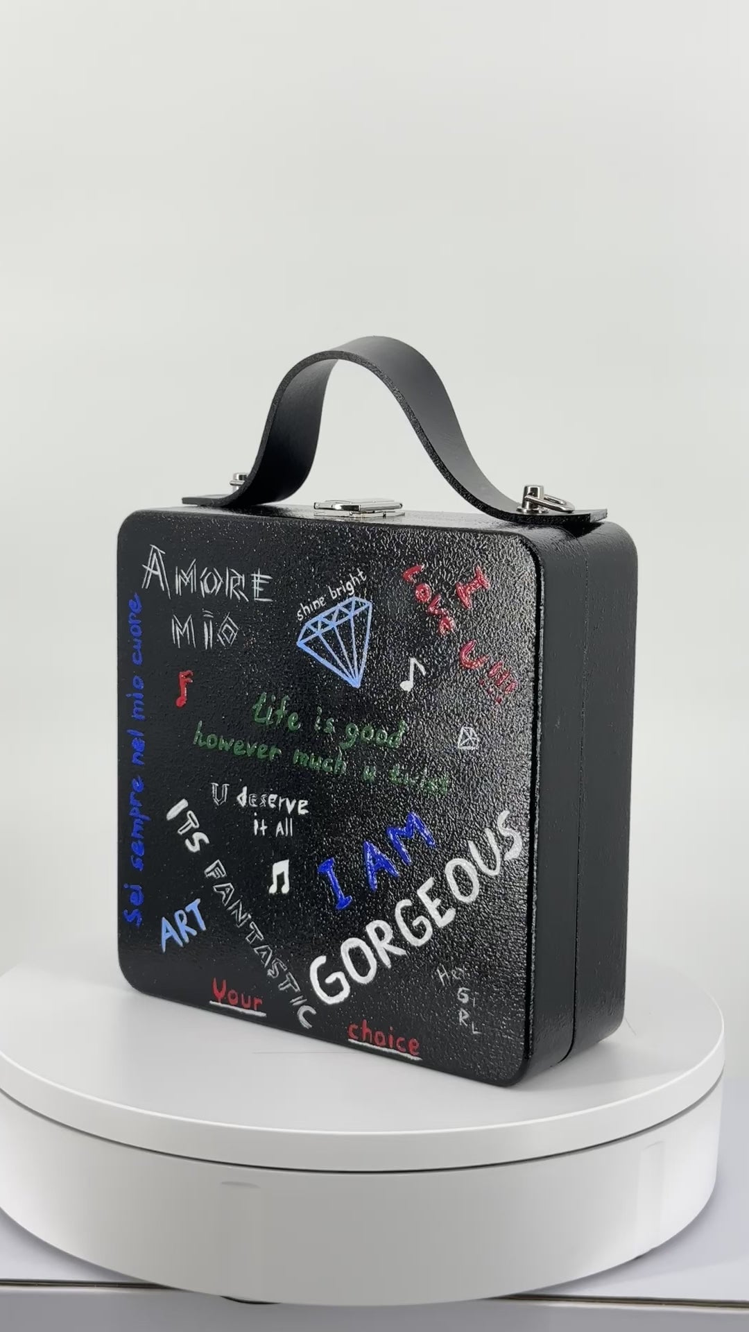 Handmade Wooden Purse – Artistic Graffiti Design, Eco-Friendly Alder Wood Bag with Leather Handle, One-of-a-Kind Gift